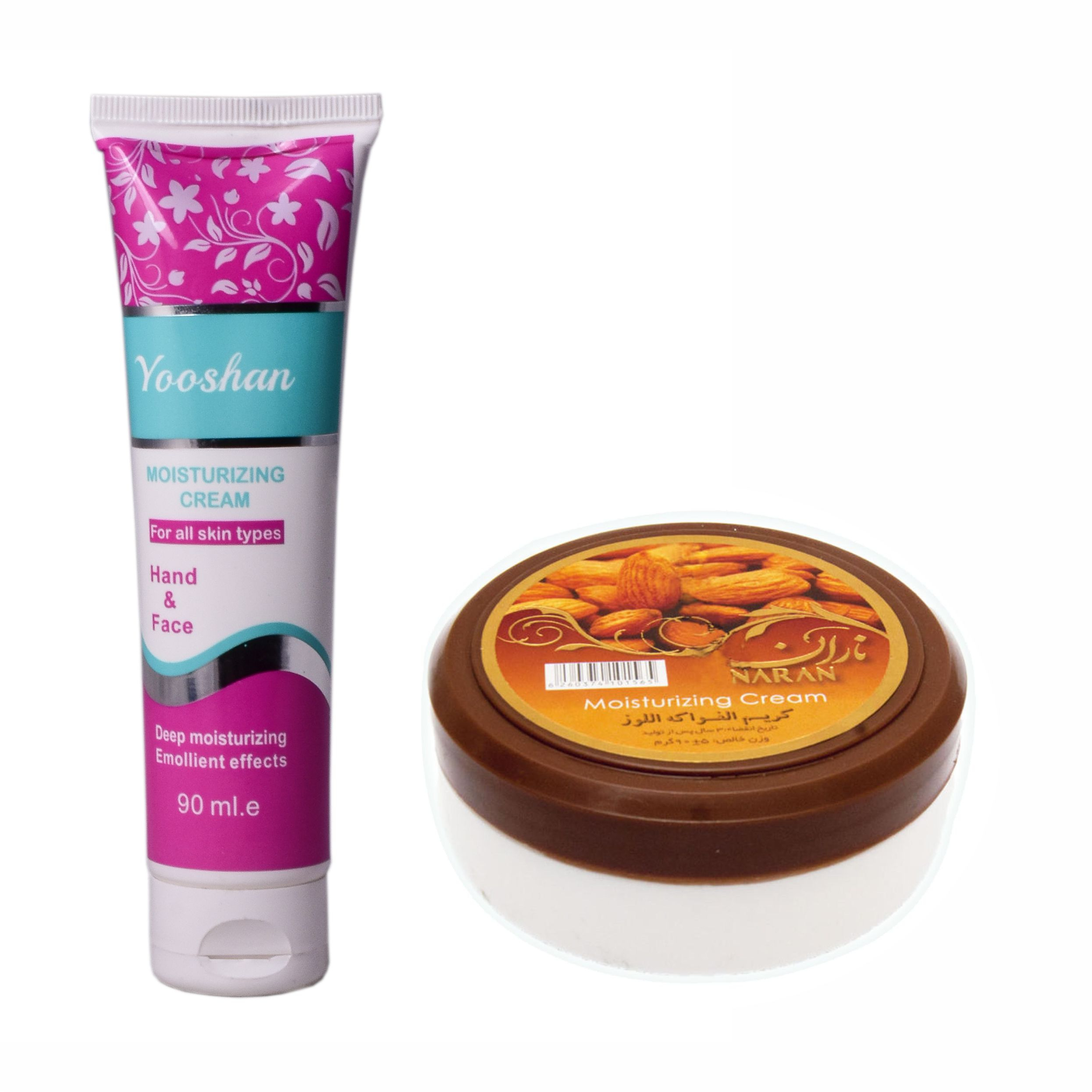 کرم مرطوب کننده یوشان مدل روغن بادام حجم 90 میلی لیتر به همراه کرم مرطوب کننده ناران مدل بادام وزن 90 گرم
