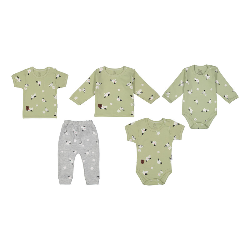 ست 5 تکه لباس راحتی نوزادی پی اند ای مدل شکوفه رنگ سبز روشن