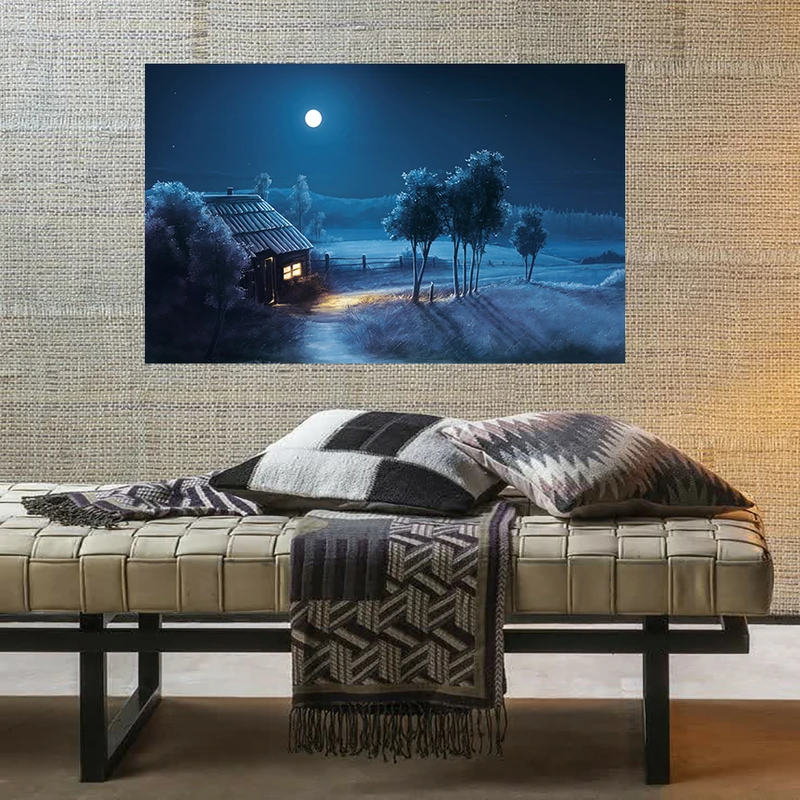 تابلو شاسی طرح مخمل طبیعت مدل کلبه و شب مهتابی کد AR31092