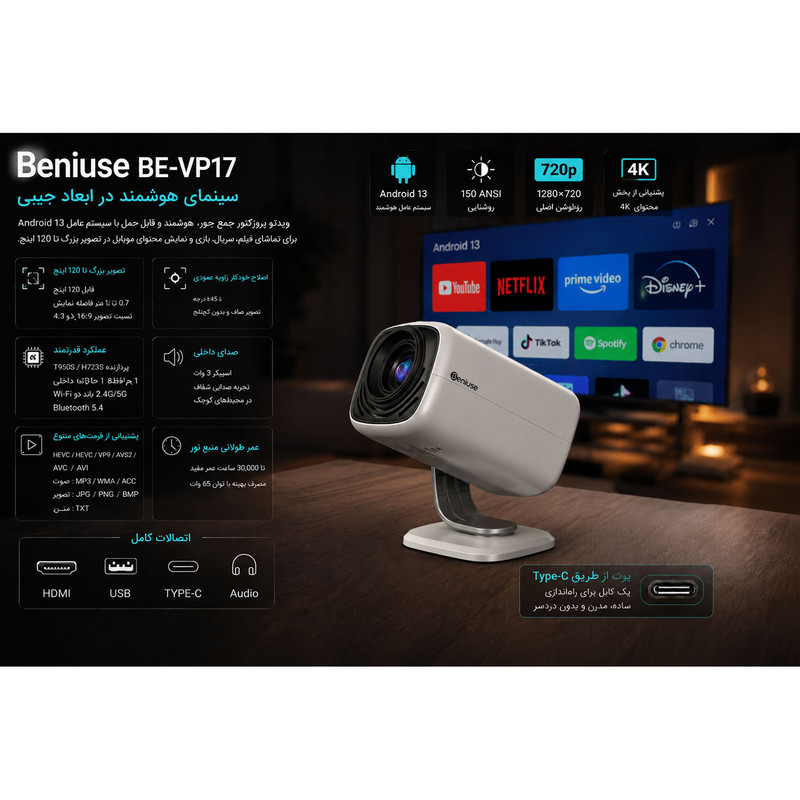 ویدئو پروژکتور بنیوس مدل BE-VP17 با رزولوشن 1920x720|HD