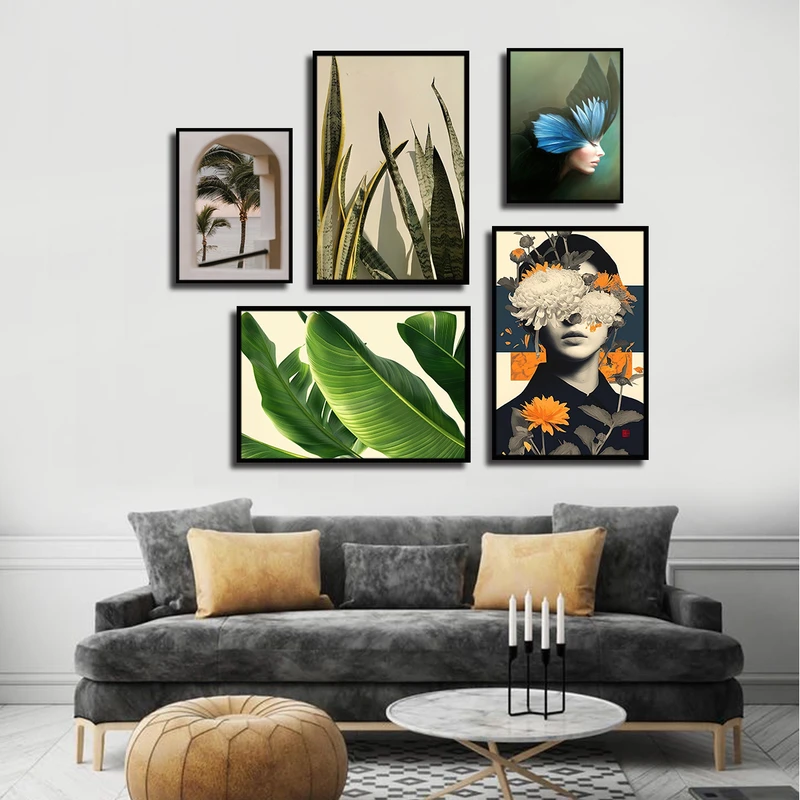 تابلو بکلیت طرح چهره و برگ سانسوریا مدل B-3291 فریم مشکی مجموعه 5 عددی