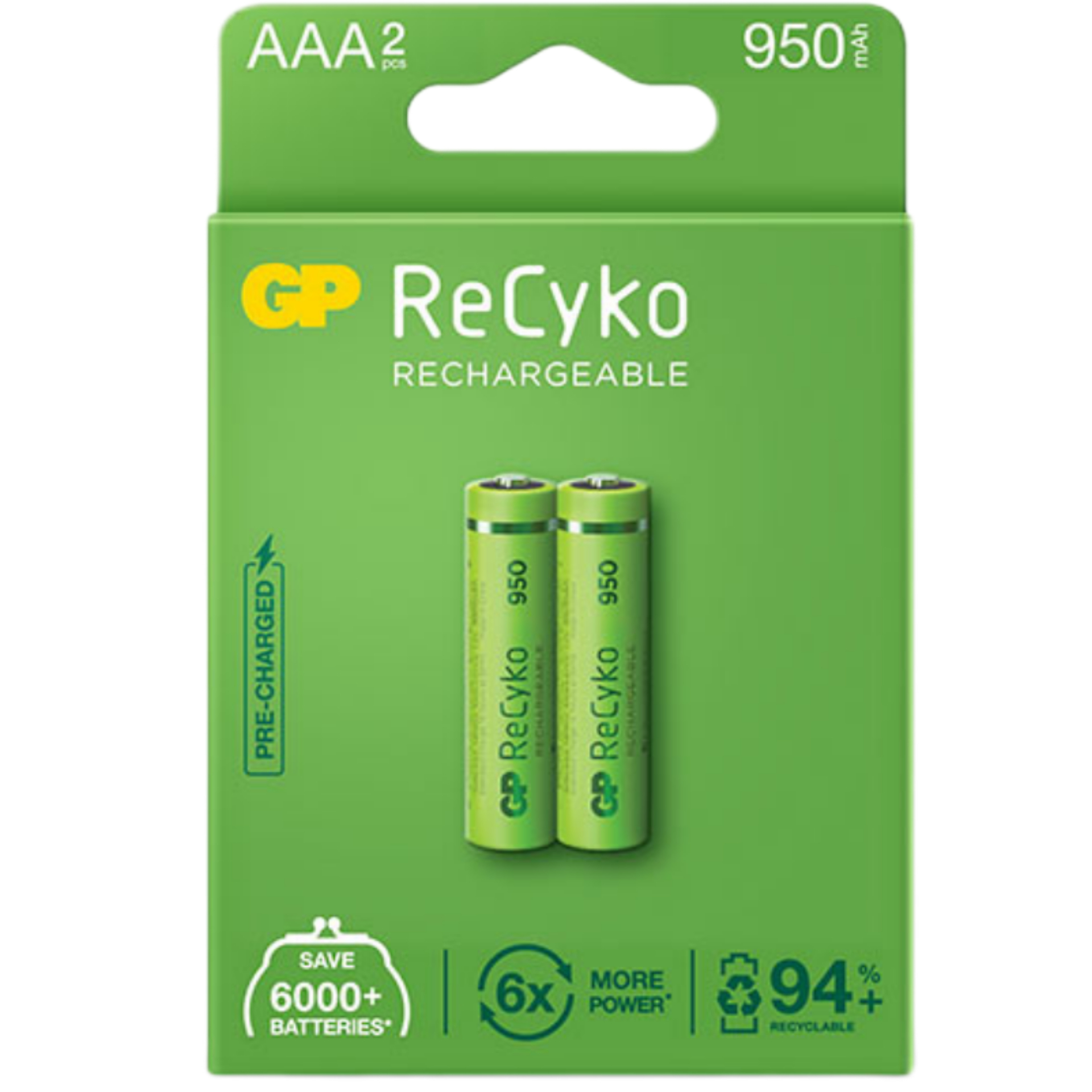 باتری نیم قلمی قابل شارژ جی پی مدل Rechargeable Recyko 950 بسته دو عددی