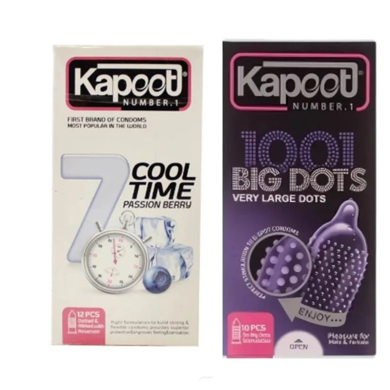 کاندوم خاردار کاپوت مدل BIG DOTS بسته 10 عددی به همراه کاندوم خنک کننده کاپوت مدل 7 cool time بسته 12عددی