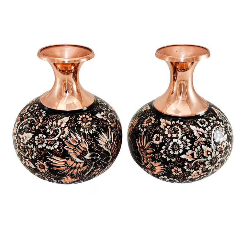 گلدان مسی مدل نقره کوب الماس تراش طرح دو بلبل کد Slvpomegranate17p14half بسته 2 عددی