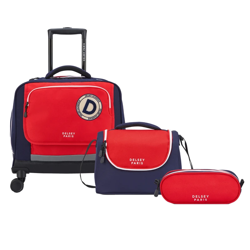 کیف چرخ دار مدرسه دلسی مدل ACADEMIE Back To School 2025 به همراه جامدادی و کیف غذا