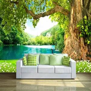 پوستر دیواری سه بعدی مدل درخت تنومند منظره دریا مرغ ماهی خوار DRVF1265