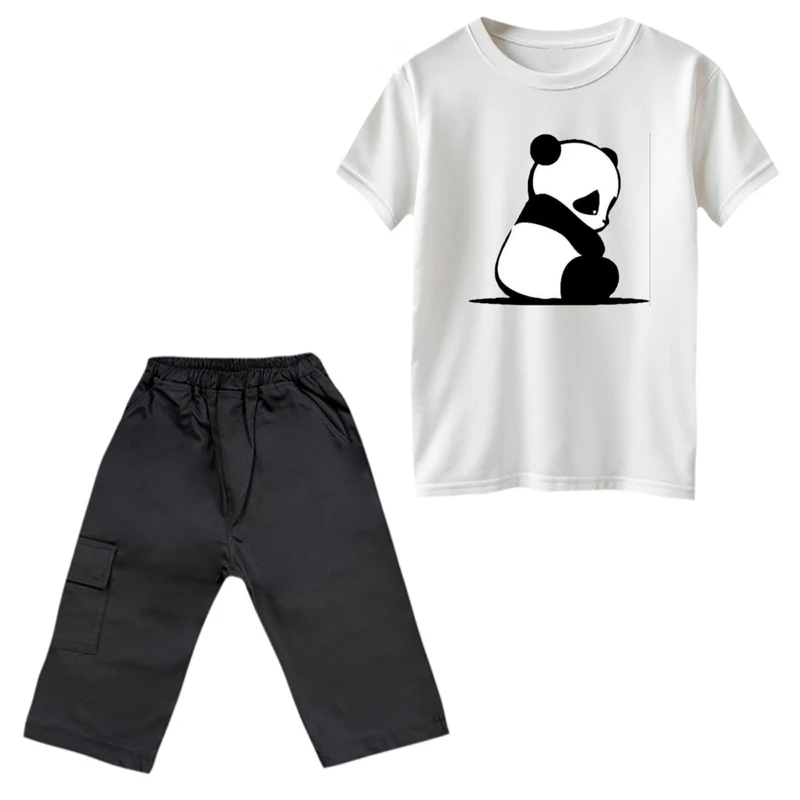 ست تی‌شرت و شلوارک پسرانه مدل پاندا نشسته رنگ سفید