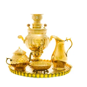 سرویس سماور ذغالی 5 پارچه برنجی مدل عدسی ترک دار کد 4424