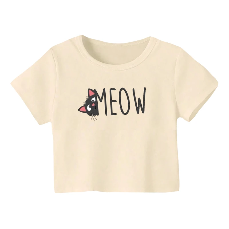 کراپ‌ تی‌شرت آستین کوتاه زنانه مدل گربه کد 18