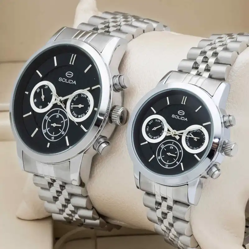 ست ساعت مچی عقربه ای زنانه و مردانه سولیدا مدل 2118G 2118L ORIGIANAL