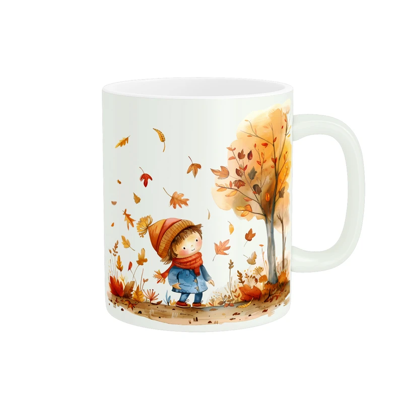 ماگ طرح پاییزی پسربچه و برگ های پاییزی کد 409