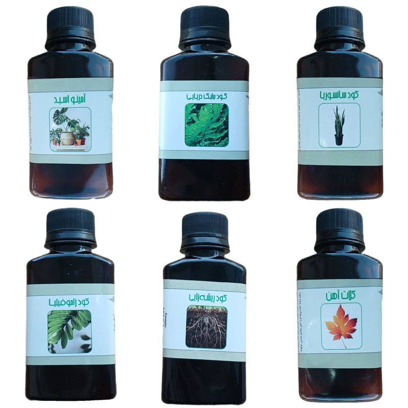 کود مایع فسفر ریشه زایی 10-52-10 و کلات آهن و کود زاموفیلیا و امینو اسید و کود جلبک دریایی و کود سانسوریا مدل life drop حجم 120 میلی لیتر