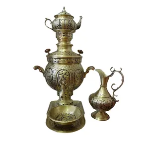 سرویس سماور ذغالی 5 پارچه برنجی مدل قلمزنی طرح گل مرغ کد 544