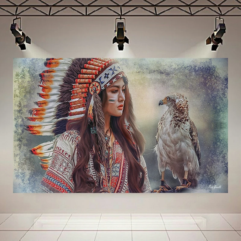 پوستر پارچه ای طرح چرم مخمل مدل دختر سرخپوست و عقاب کد AR31172