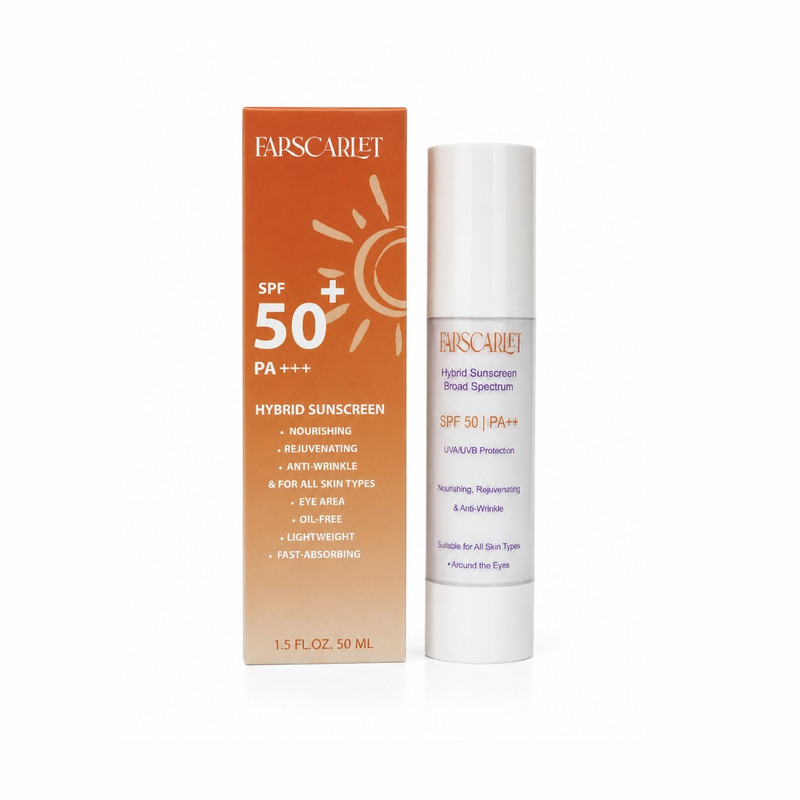 کرم ضد آفتاب بی رنگ فارسکارلت SPF 50 مدل hibrid محافظ UVA , UVB مناسب برای انواع پوست حجم 50 میلی لیتر 