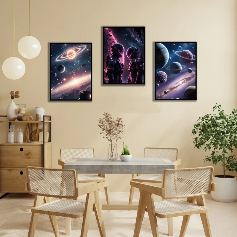 تابلو بکلیت مدل قاب شاسی طرح دکوراتیو فضانورد و کهکشان و منظومه شمسی کد B-MR-1081 مجموعه 3 عددی فریم مشکی