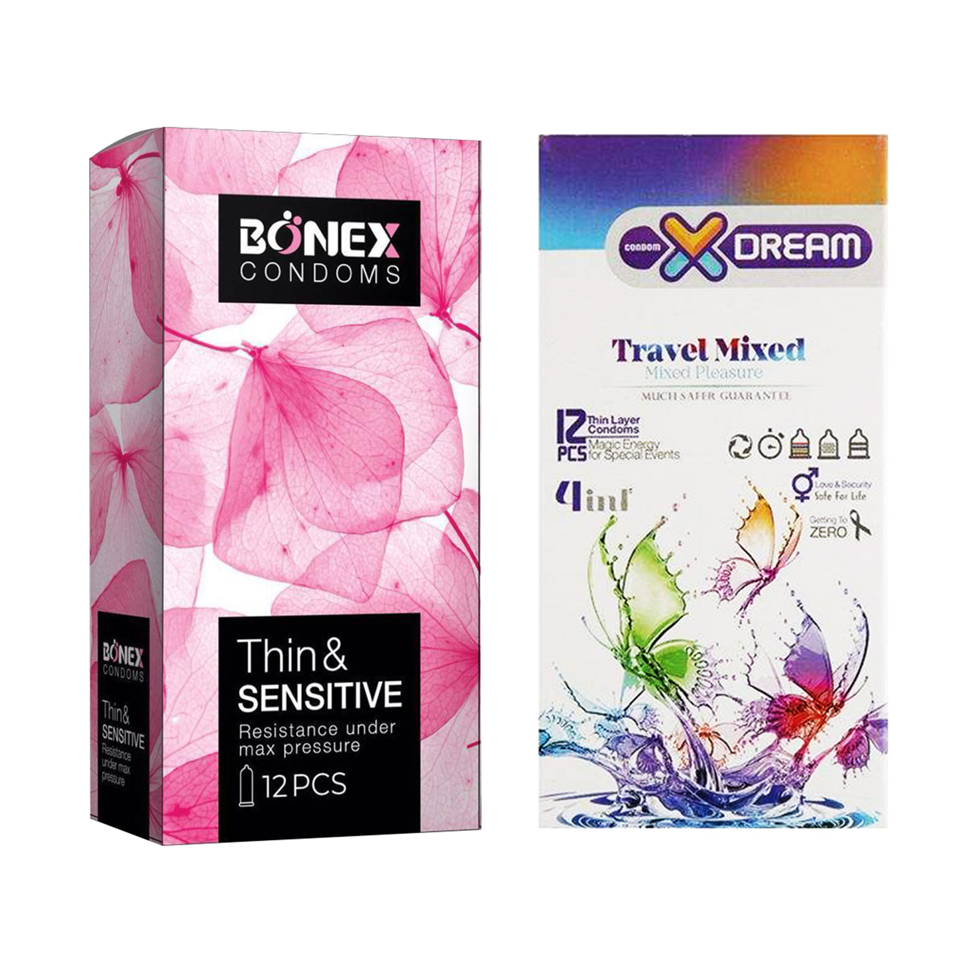 کاندوم بونکس مدل Thin & Sensitive بسته 12 عددی به همراه کاندوم ایکس دریم مدل Travel Mixed بسته 12 عددی