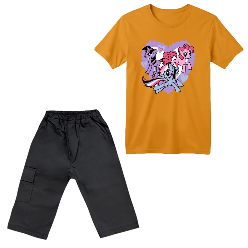 ست تی‌شرت آستین کوتاه و شلوارک دخترانه مدل پونی کد 2