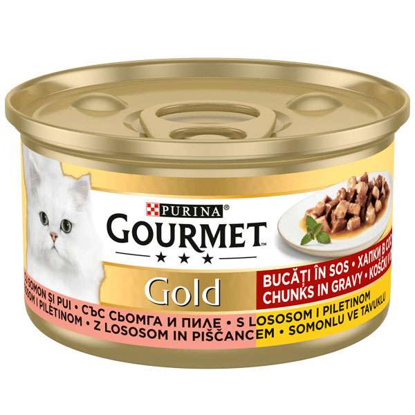 کنسرو غذای گربه نابالغ گورمت مدل خورشتی طعم ماهی سالمون و مرغ وزن 85 گرم کنسرو غذای گربه نابالغ گورمت مدل خورشتی طعم ماهی سالمون و مرغ وزن 85 گرم