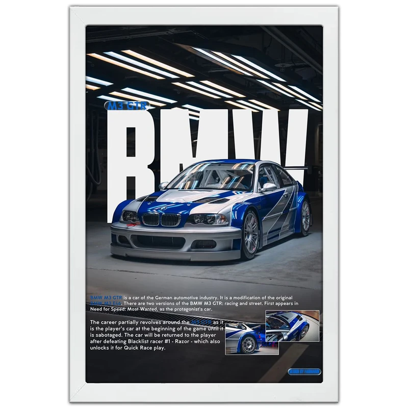 تابلو بکلیت طرح ماشین و خودرو بی ام و BMW M3 GTR NEED FOR SPEED MOST WANTED مدل W-po1876 فریم سفید