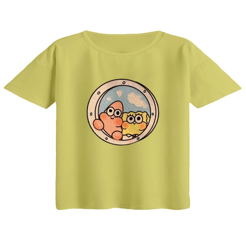 کراپ تی‌شرت آستین کوتاه زنانه مدل باب اسفنجی و پاتریک کد۱