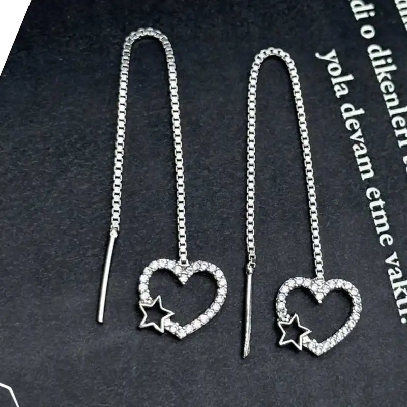 گوشواره نقره زنانه مدل بخیه قلب ستاره دار RZZDEH-034