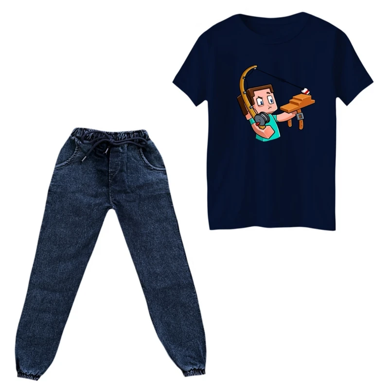 ست تی‌شرت و شلوار پسرانه مدل ماینکرفت کد 09 رنگ سرمه ای