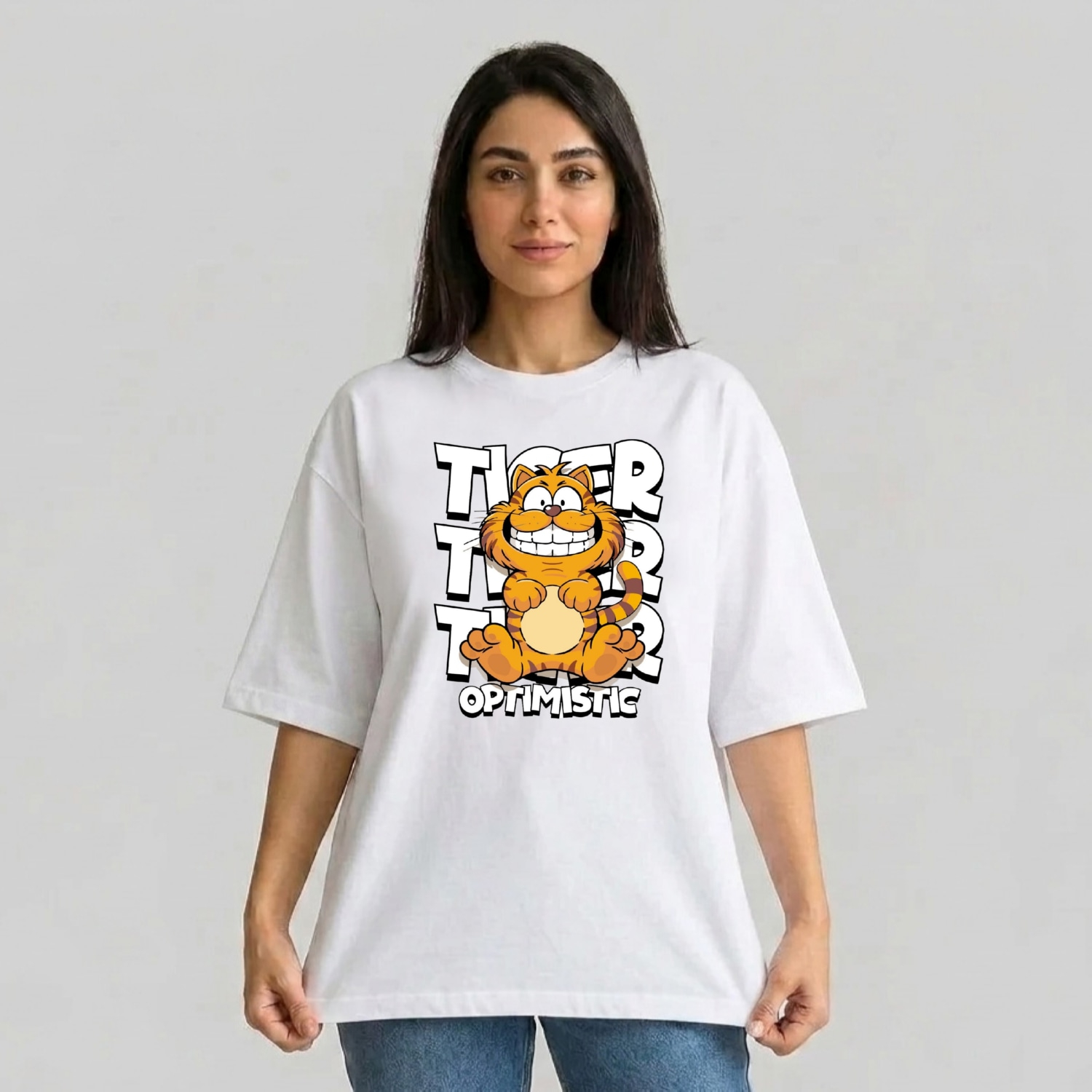 تی شرت آستین سه ربع زنانه مدل باکسی طرح گارفیلد کد v2
