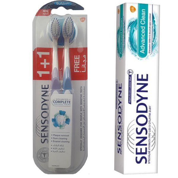 خمیر دندان سنسوداین مدل Advanced حجم 75 میلی لیتر به همراه مسواک سنسوداین مدل Complete  با برس نرم بسته 2 عددی