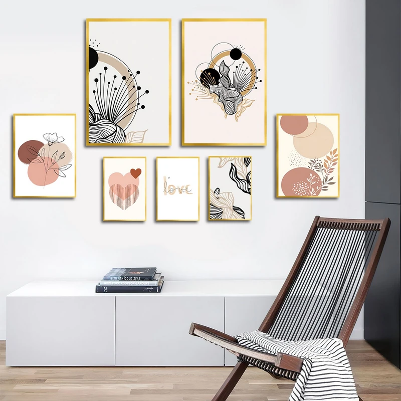 تابلو ساده بکلیت طرح نقاشی مینیمال و LOVE مدل شاین اکلیلی T-3082 فریم طلایی مجموعه 7 عددی