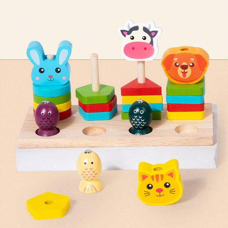 بازی آموزشی سمید مدل مونته سوری چوبی طرح پایه اشکال 4 ستون ماهیگیری و حیوانات