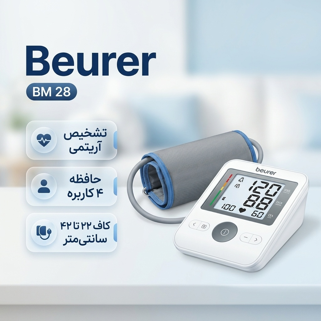 فشارسنج بازویی دیجیتال بیورر مدل BM28 با حافظه 120 رکورد برای 4 کاربر، نمایشگر LCD بزرگ، تشخیص آریتمی، هشدار خطای محاسباتی، سنجش ضربان قلب، قابلیت خاموشی خودکار و منبع تغذیه باتری قلمی و آداپتور