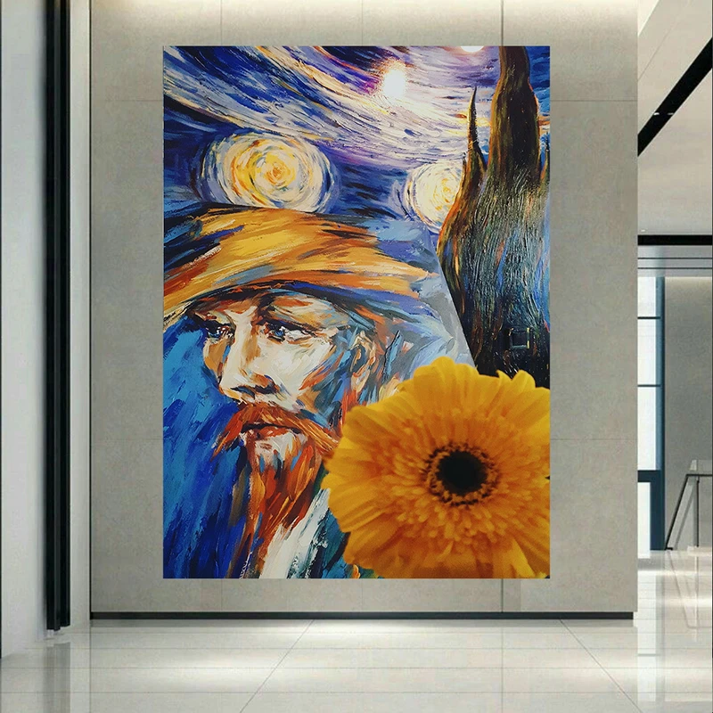 تابلو بوم طرح چرم مخمل نقاشی ونگوگ مدل مقطع شب پرستاره کد AR31158