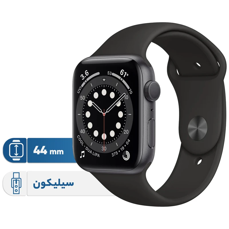 ساعت هوشمند اپل واچ سری 6 مدل 44mm Aluminum Case with Sport silicone Band، صفحه نمایش لمسی 1.78 اینچ با Retina LTPO OLED، سازگار با iPhone 6S به بالا و IOS 14 به بالا، قابلیت مکالمه از طریق بلوتوث، شمارنده ضربان قلب، شتاب سنج، گام شمار، باتری لیتیوم یونی