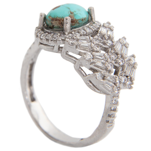 انگشتر نقره زنانه مدل فیروزه نیشابور مخراج برلیان آبکاری رادیوم کد AWR_1650