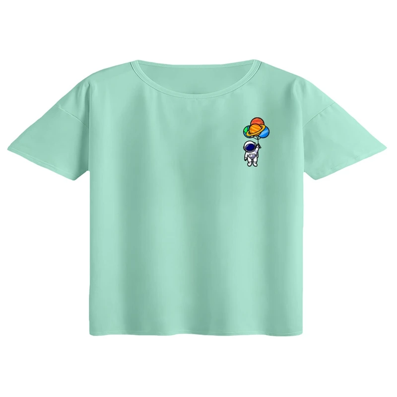 کراپ تی‌شرت آستین کوتاه زنانه مدل فضانورد کد ۱۷ رنگ سبز روشن