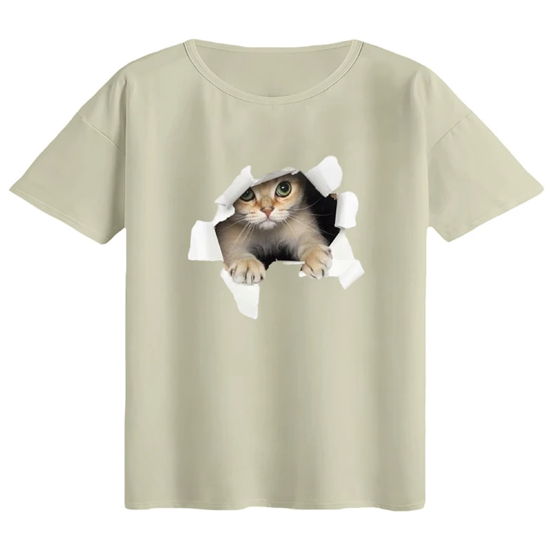 تی‌شرت اورسایز آستین کوتاه زنانه مدل باکسی طرح گربه کد۴