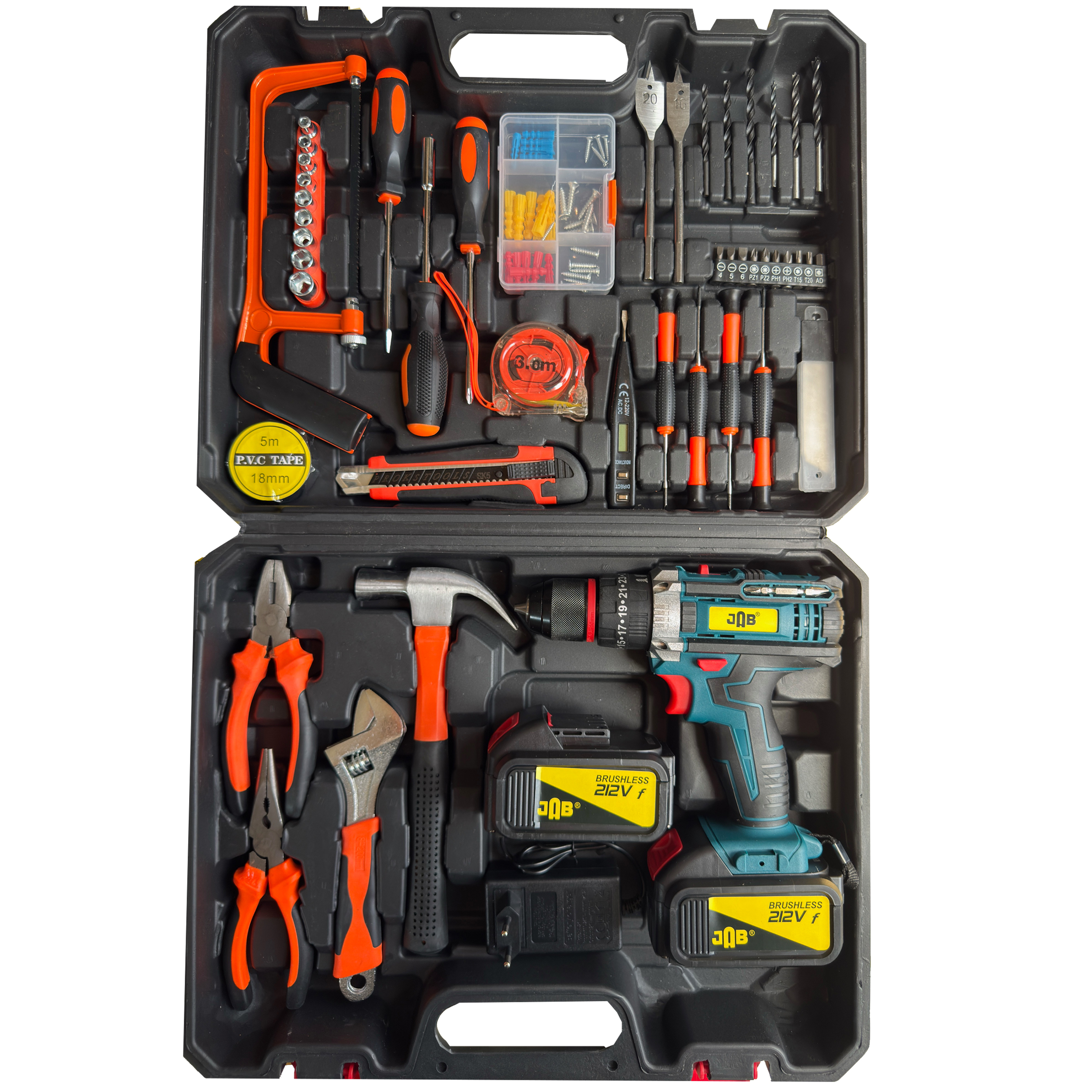 ریل پیچ گوشتی چکشی شارژی 10 میلی متری 212 ولت جاب مدل JB-212 ACCESSORIES مجموعه 199 عددی