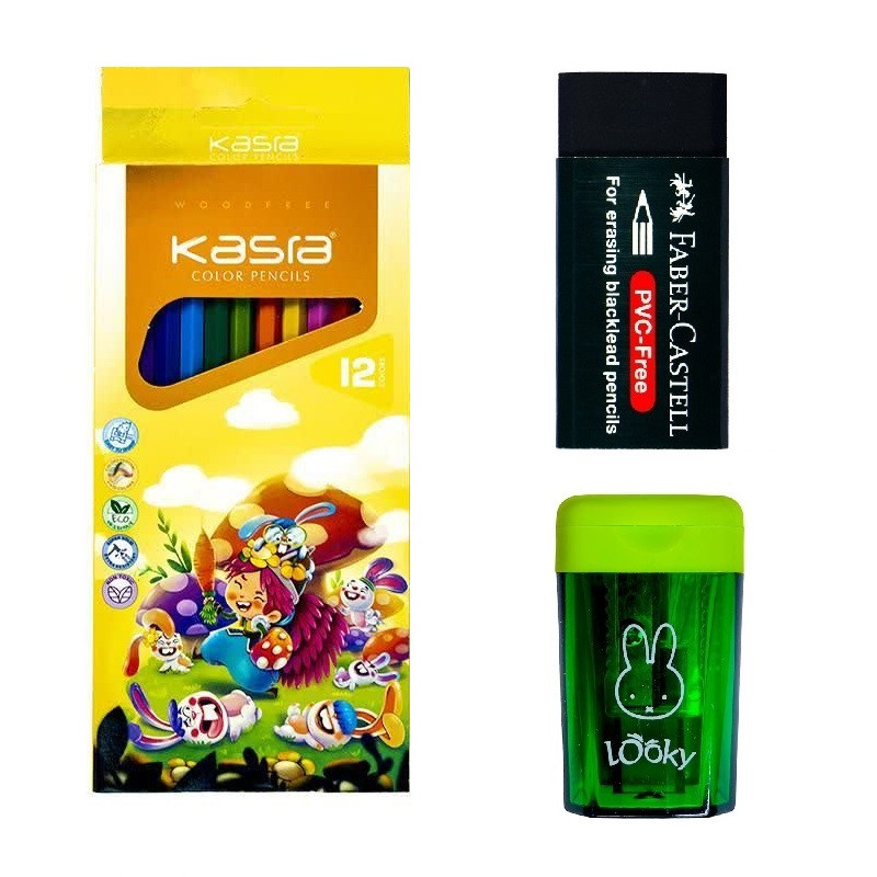 مداد رنگی کسری مدل TERF358 به همراه پاک کن و تراش مخزن دار مجموعه 3 عددی