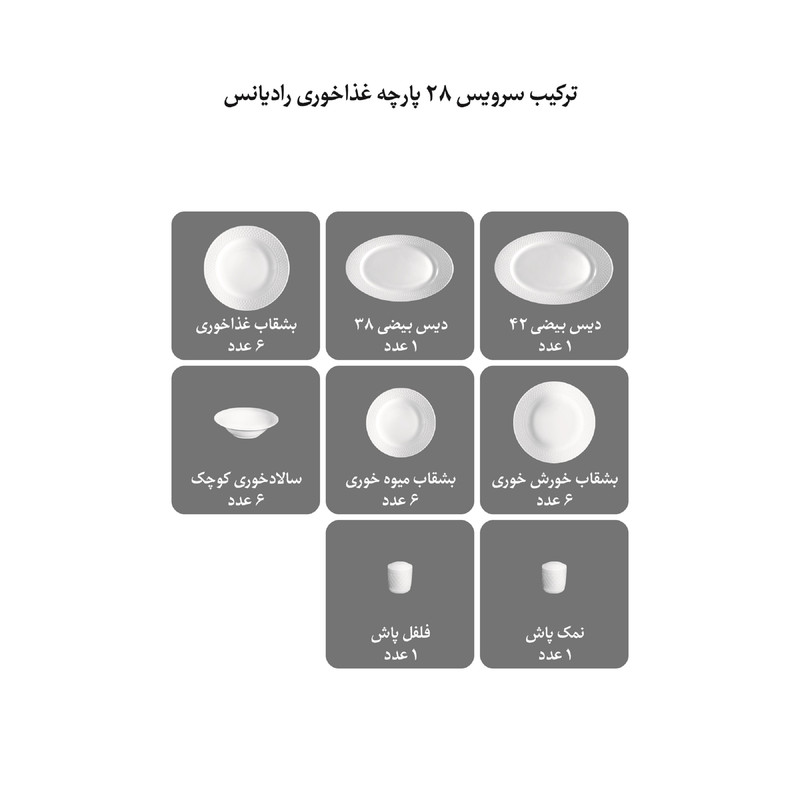 سرویس غذاخوری 28 پارچه چینی زرین ایران مدل رادیانس سپینود درجه عالی
