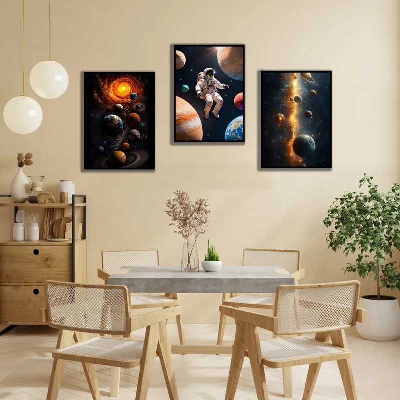 تابلو بکلیت مدل قاب شاسی طرح دکوراتیو کهکشان و منظومه شمسی و فضانورد کد B-MR-1078 مجموعه 3 عددی فریم مشکی