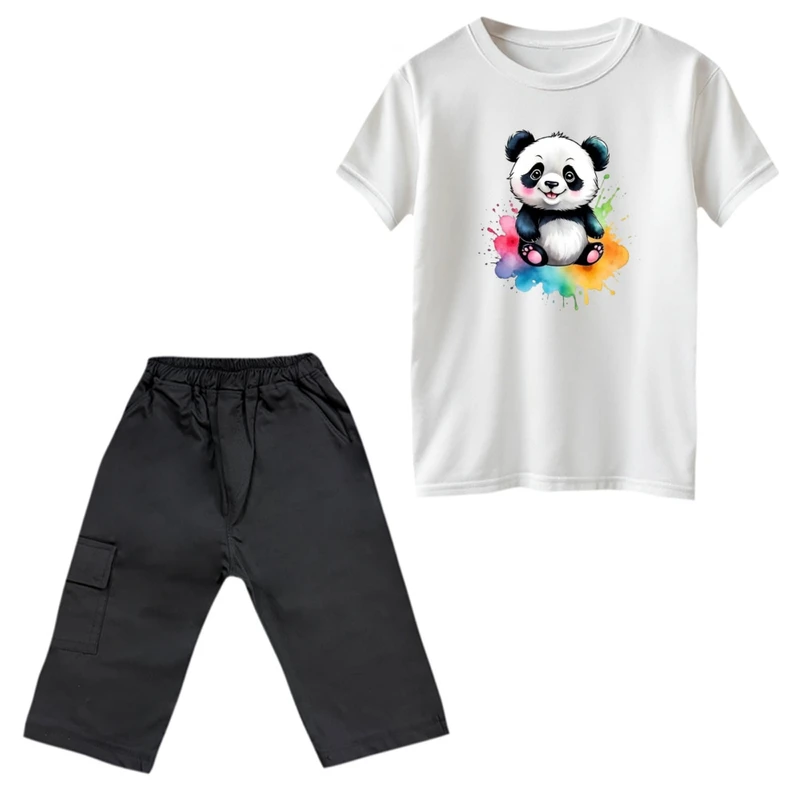 ست تی‌شرت و شلوارک پسرانه مدل پاندا و رنگ رنگ سفید