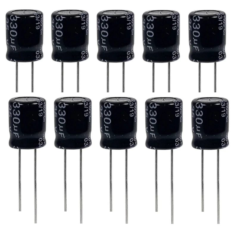 خازن الکترولیتی 330 میکروفاراد 35 ولت مدل YADIKE0210CE330u35VDN10 بسته 10 عددی