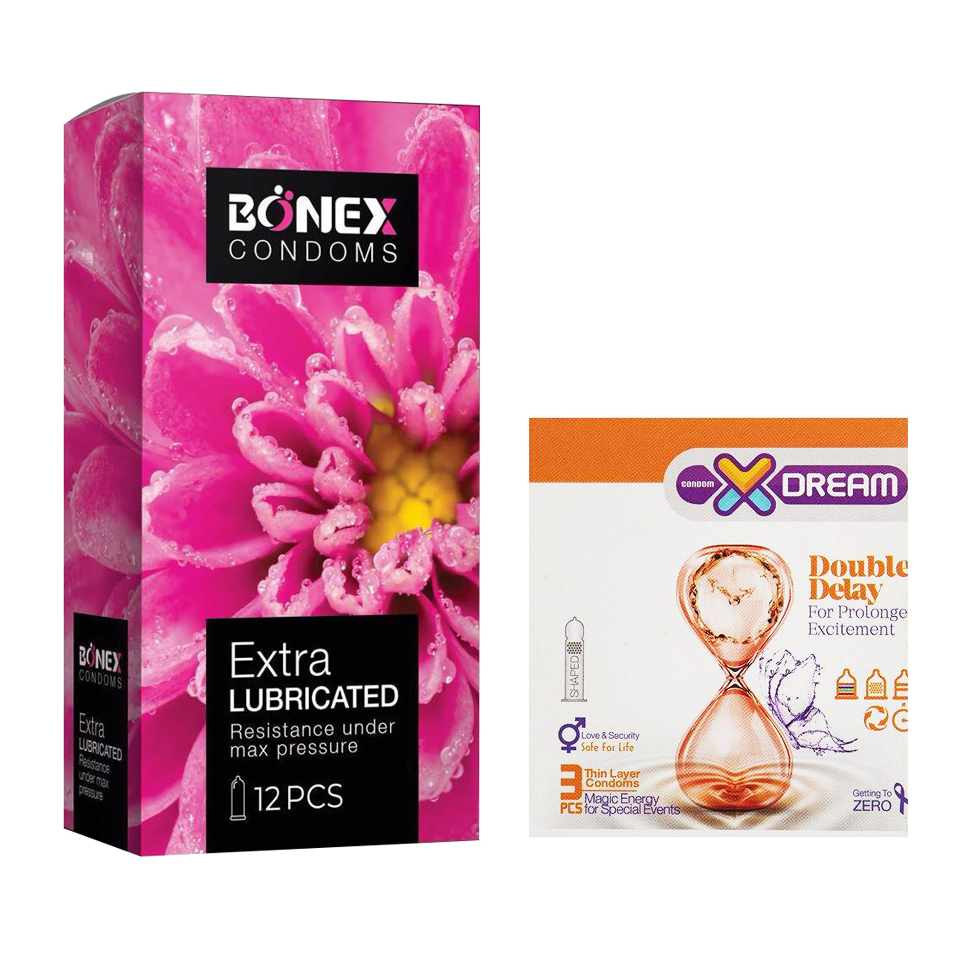 کاندوم بونکس مدل Extra Lubricated بسته 12 عددی به همراه کاندوم ایکس دریم مدل Double Delay بسته 3 عددی