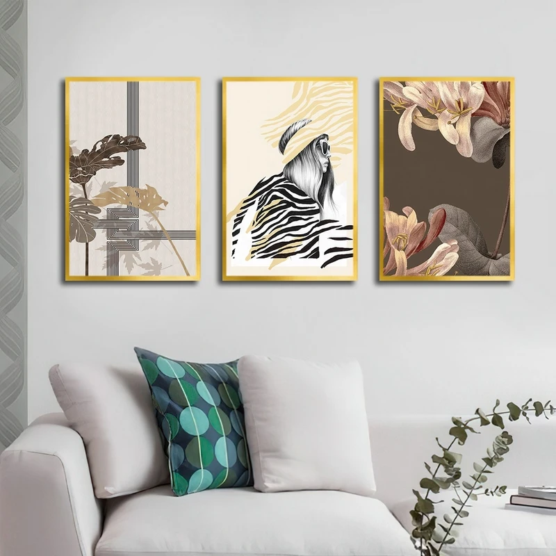 تابلو ساده بکلیت طرح برگ انجیری و چهره مدل شاین اکلیلی T-2613 فریم طلایی مجموعه 3 عددی