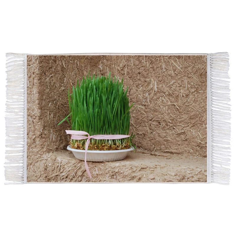 فرش ماشینی دیوارکوب اطلس آبی طرح دیوار کاهگلی و سبزه عید نوروز مدل T1560