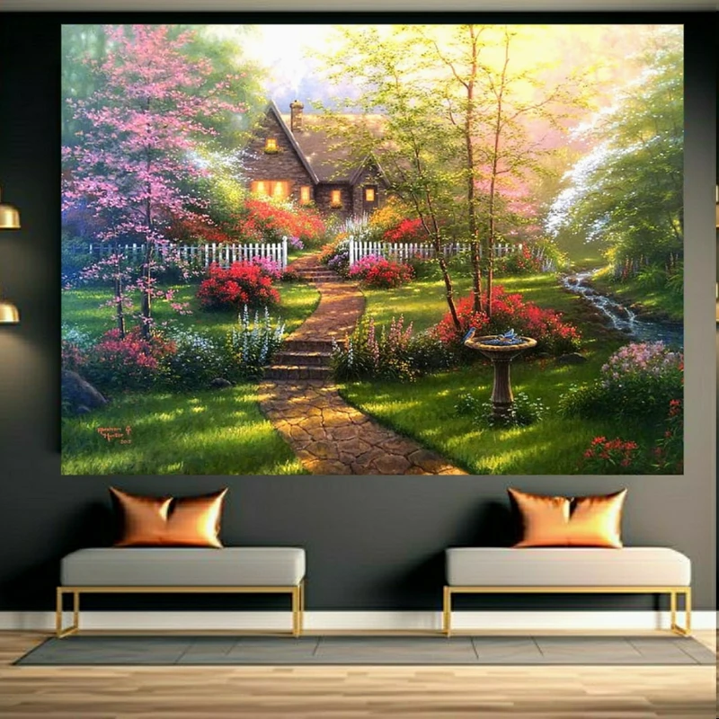 پوستر پارچه ای طرح مخمل کلبه سنگی مدل طبیعت سرسبز کد FP106086