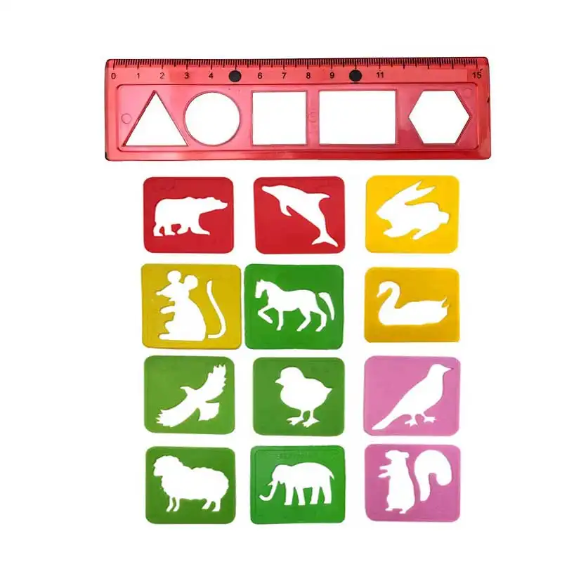 خط کش طرح حیوانات مدل shape به همراه شابلون  مجموعه 13 عددی