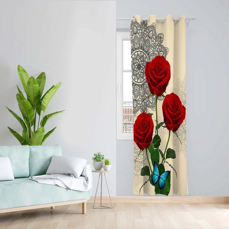 پرده طرح گل رز مدل مخمل پانچی کد 5204R z سایز 140x200 سانتی متر