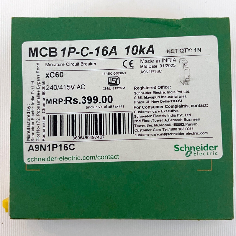 فیوز مینیاتوری تک پل 16 آمپر اشنایدر مدل xC60 Acti9 کد A9N1P16C